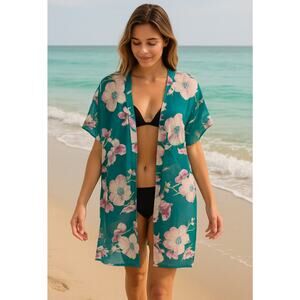 Women’s One Size Sheer Floral Kimono Cardigan Cover Up Teal Floral Lightweight